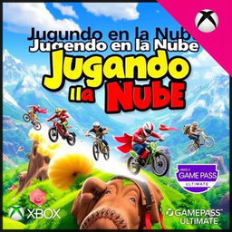 A vibrant and eye-catching YouTube thumbnail for a video titled 'Jugando en la Nube: Riders Republic | Gameplay | Xbox Cloud Gaming | Game Pass Ultimate'