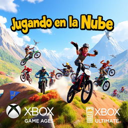 A vibrant and eye-catching YouTube thumbnail for a video titled 'Jugando en la Nube: Riders Republic | Gameplay | Xbox Cloud Gaming | Game Pass Ultimate'