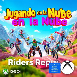 A vibrant and eye-catching YouTube thumbnail for a video titled 'Jugando en la Nube: Riders Republic | Gameplay | Xbox Cloud Gaming | Game Pass Ultimate'