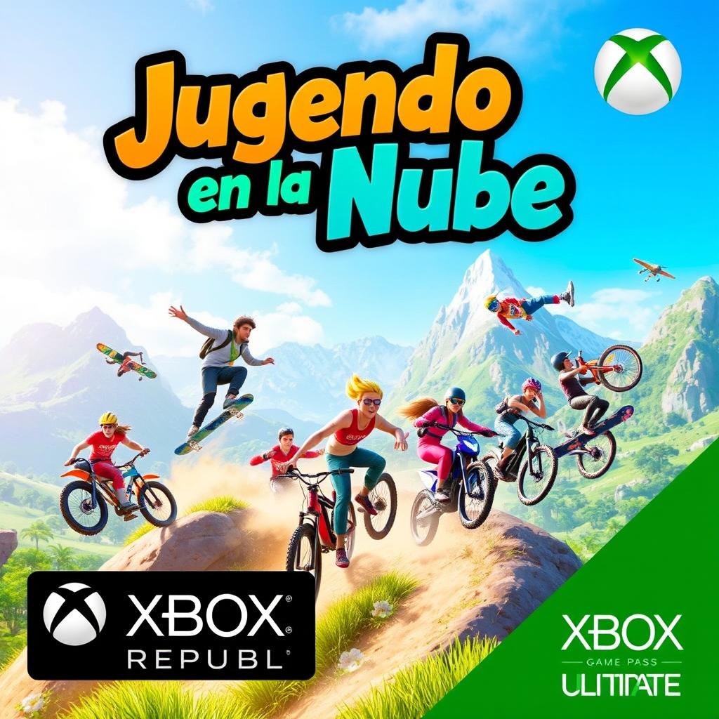 A vibrant and eye-catching YouTube thumbnail for a video titled 'Jugando en la Nube: Riders Republic | Gameplay | Xbox Cloud Gaming | Game Pass Ultimate'