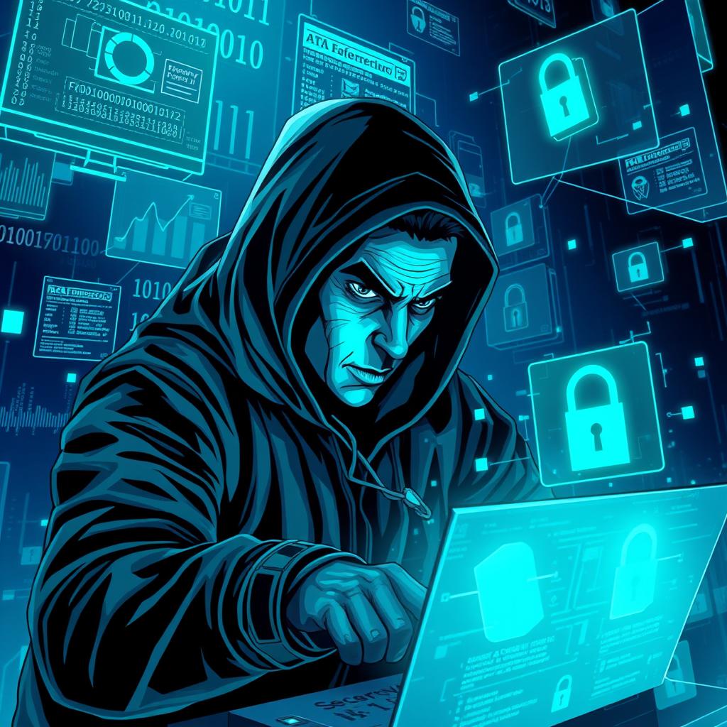 An artistic and immersive illustration of a hacker engaging in data breaching, featuring a futuristic digital landscape filled with floating binary codes and virtual firewalls