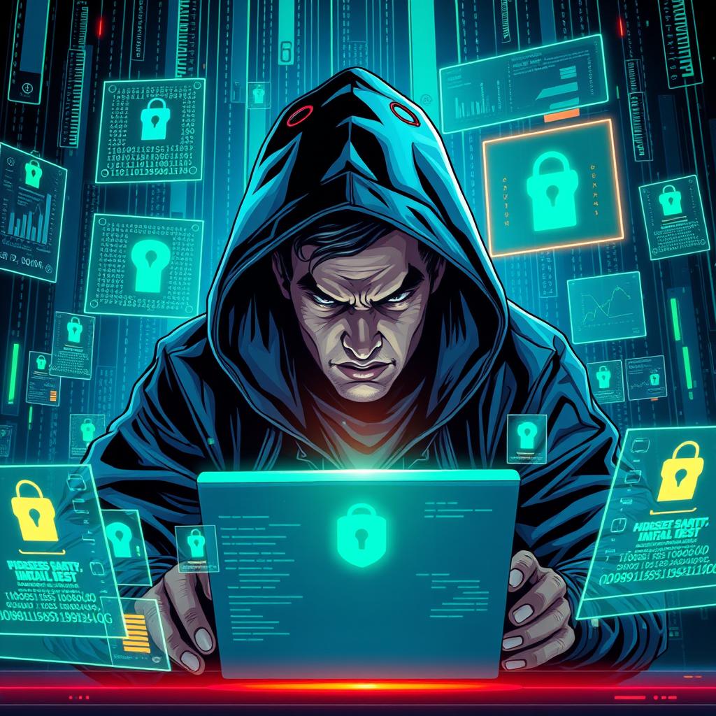 An artistic and immersive illustration of a hacker engaging in data breaching, featuring a futuristic digital landscape filled with floating binary codes and virtual firewalls