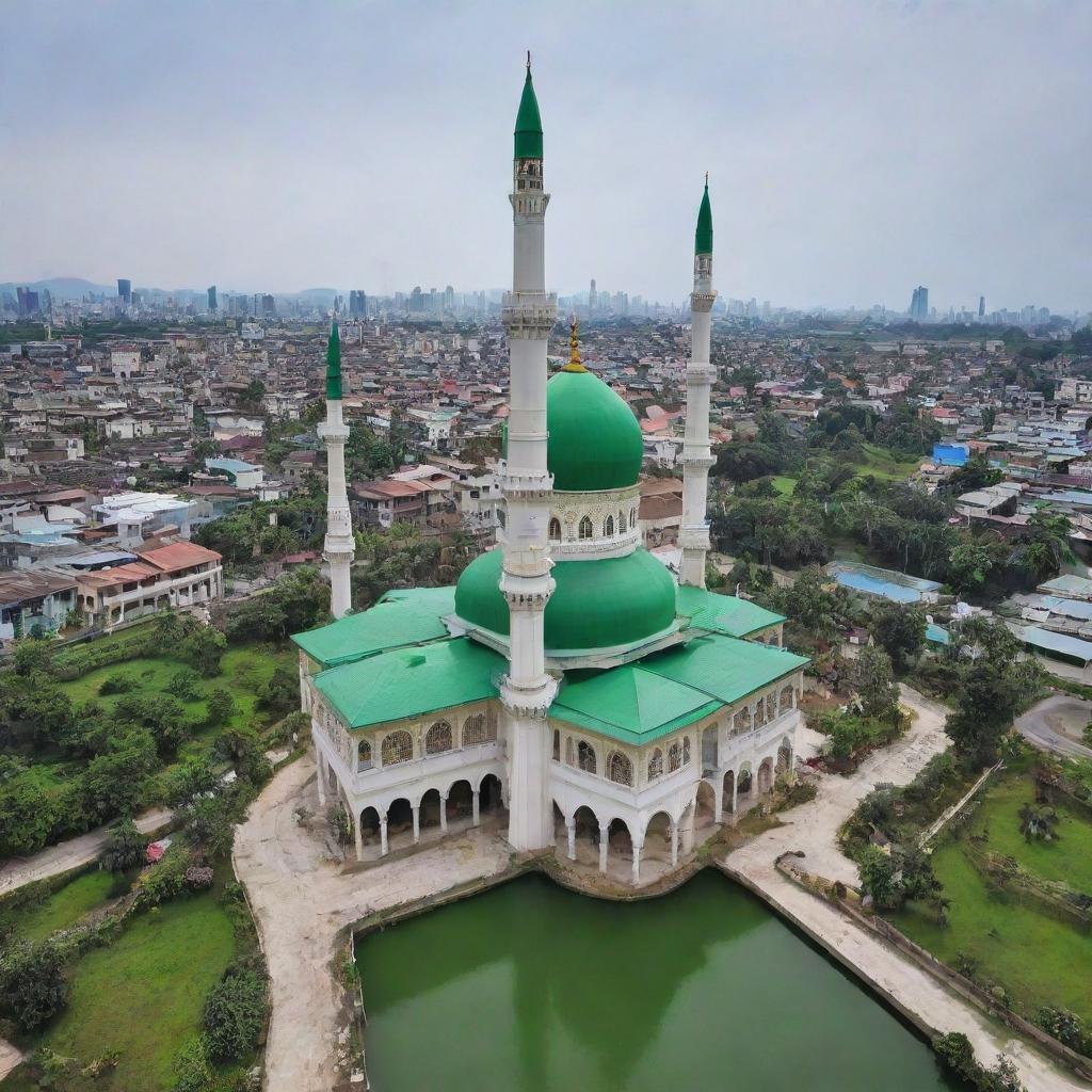 Ultra HD, realistis, miniatur masjid berwarna hijau dengan empat menara dan satu kubah, disampingnya ada kanal air jernih. Sebelah kanal adalah rumah keraton dengan dua tangga depan, biji pala dan cengkeh raksasa tergeletak di rumput hijau di depannya, dan nama TERNATE dalam tilisan kayu raksasa.