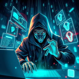 An artistic and immersive illustration of a hacker engaging in data breaching, featuring a futuristic digital landscape filled with floating binary codes and virtual firewalls