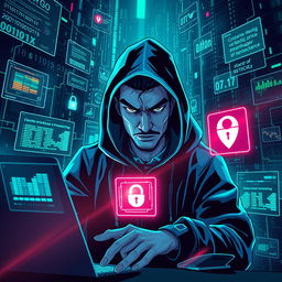 An artistic and immersive illustration of a hacker engaging in data breaching, featuring a futuristic digital landscape filled with floating binary codes and virtual firewalls