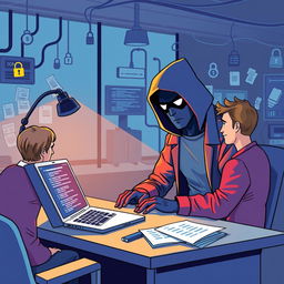 An engaging and thought-provoking illustration of a hacker utilizing social engineering tactics to breach data security