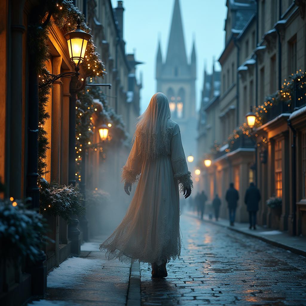 A hauntingly beautiful scene of a ghost wandering through the historic streets of Oxford during Christmas