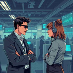 A thought-provoking and dramatic illustration of social engineering tactics used to hack data, featuring a skilled hacker engaging in conversation with a company employee in a bustling office environment