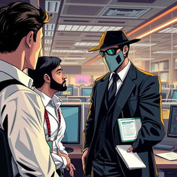 A thought-provoking and dramatic illustration of social engineering tactics used to hack data, featuring a skilled hacker engaging in conversation with a company employee in a bustling office environment