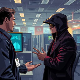 A thought-provoking and dramatic illustration of social engineering tactics used to hack data, featuring a skilled hacker engaging in conversation with a company employee in a bustling office environment