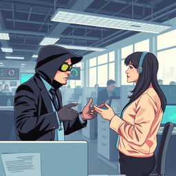 A thought-provoking and dramatic illustration of social engineering tactics used to hack data, featuring a skilled hacker engaging in conversation with a company employee in a bustling office environment