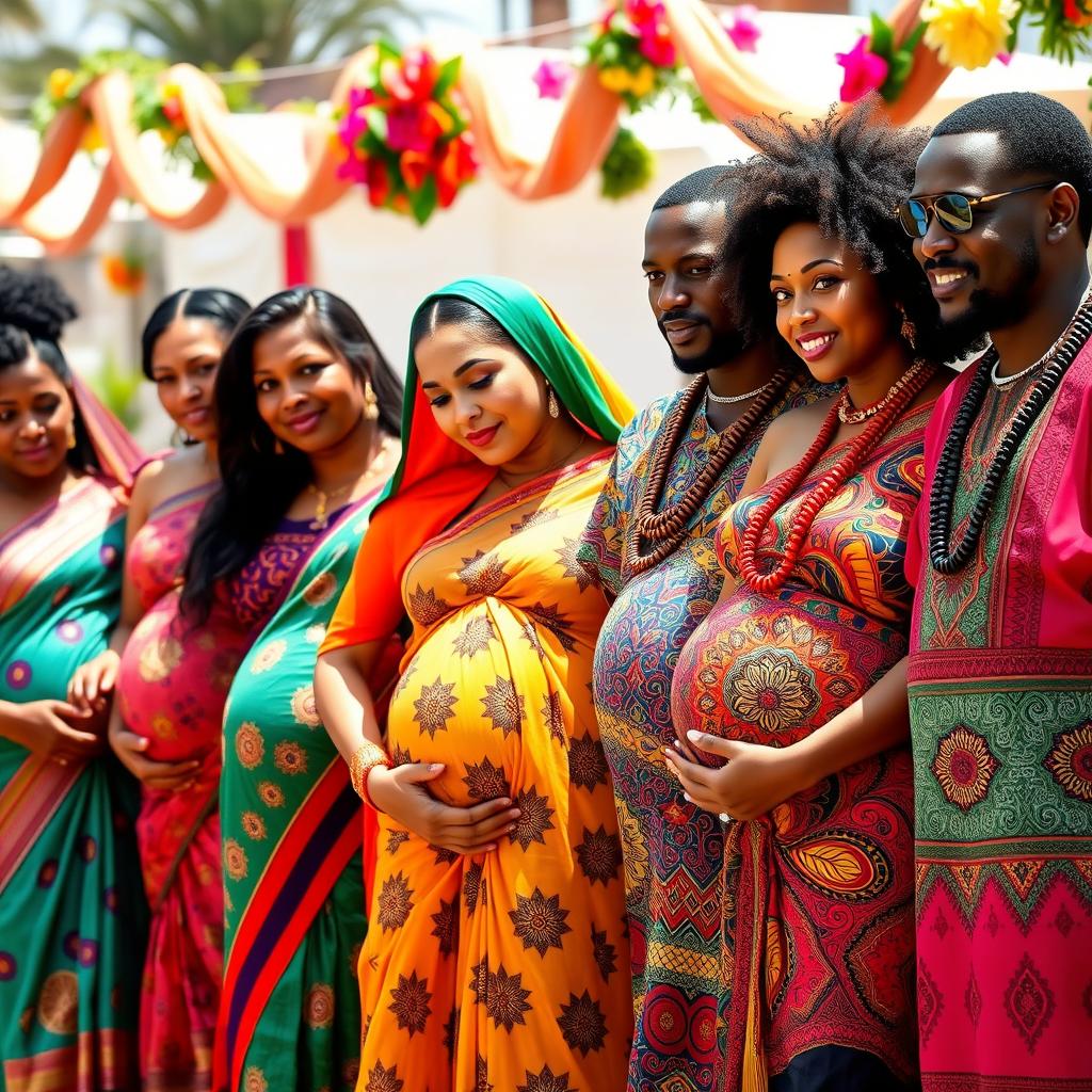 A line of pregnant Indian women, showcasing their vibrant traditional clothing, with intricate patterns and colorful fabrics