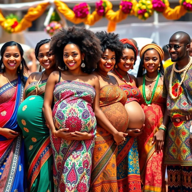 A line of pregnant Indian women, showcasing their vibrant traditional clothing, with intricate patterns and colorful fabrics