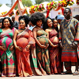 A line of pregnant Indian women, showcasing their vibrant traditional clothing, with intricate patterns and colorful fabrics