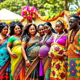 A line of pregnant Indian women, showcasing their vibrant traditional clothing, with intricate patterns and colorful fabrics