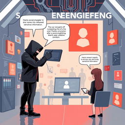 A compelling and educational illustration showcasing the dangers of social engineering