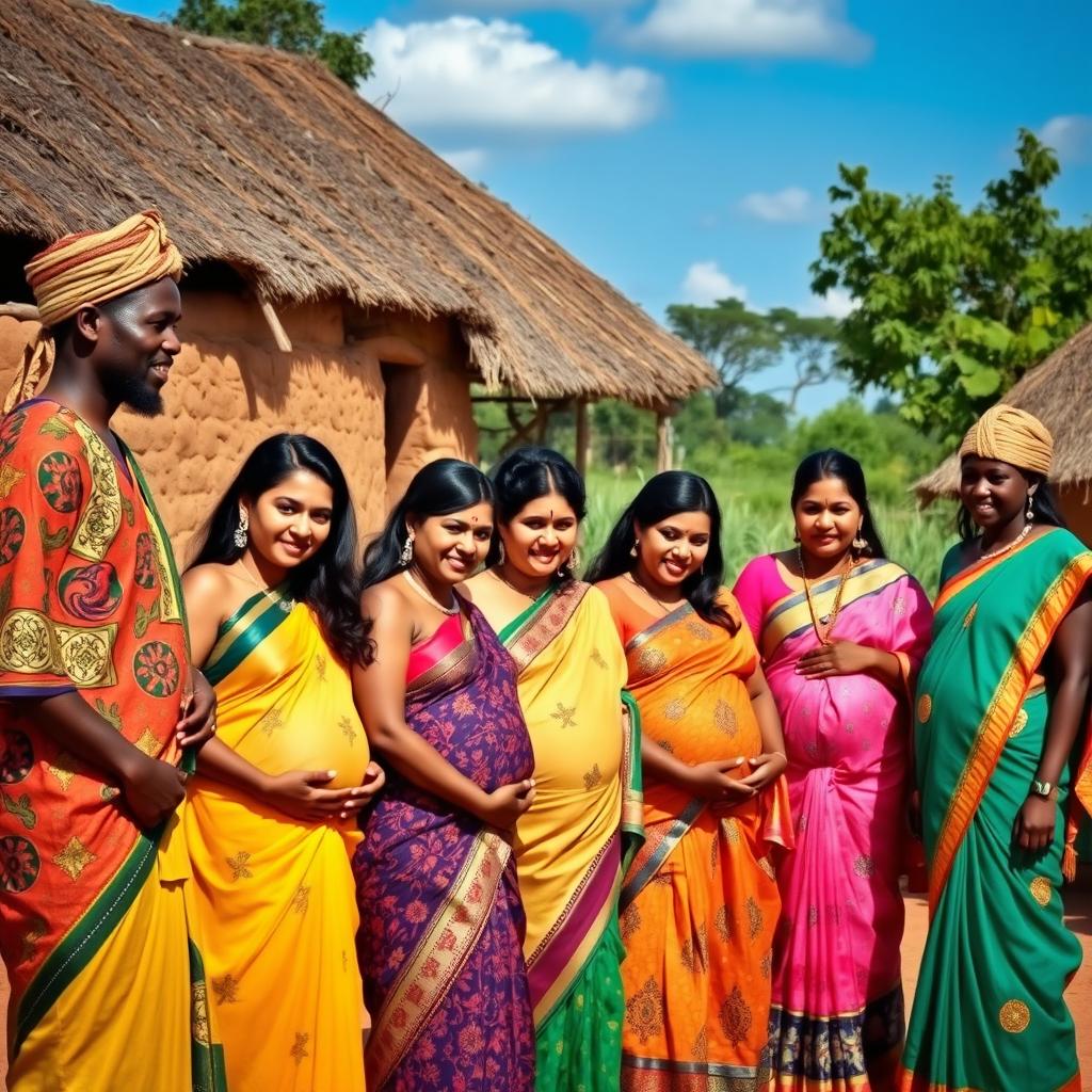 A line of pregnant Indian women dressed in beautiful sarees, showcasing a variety of bright colors and intricate designs