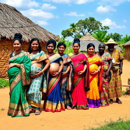 A line of pregnant Indian women dressed in beautiful sarees, showcasing a variety of bright colors and intricate designs