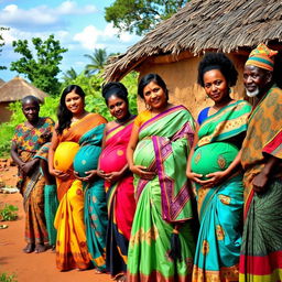 A line of pregnant Indian women dressed in beautiful sarees, showcasing a variety of bright colors and intricate designs