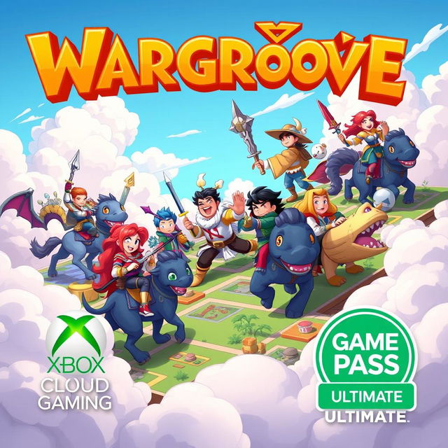 A vibrant and dynamic illustration of a cloud gaming scene inspired by Wargroove 2