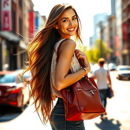 A beautiful girl with long flowing hair, wearing a stylish designer bag slung over her shoulder