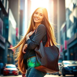 A beautiful girl with long flowing hair, wearing a stylish designer bag slung over her shoulder