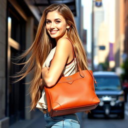 A beautiful girl with long flowing hair, wearing a stylish designer bag slung over her shoulder