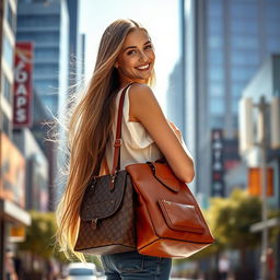 A beautiful girl with long flowing hair, wearing a stylish designer bag slung over her shoulder