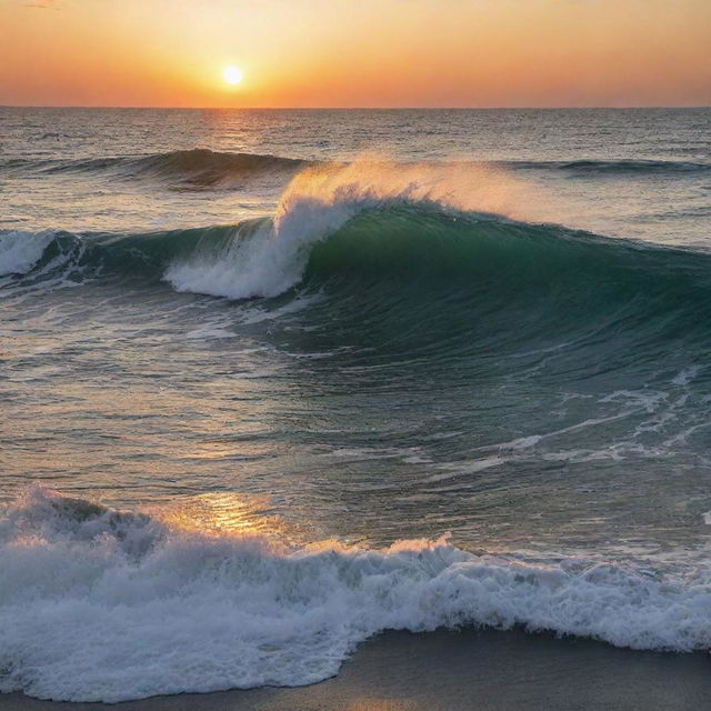 A majestic sea wave illuminated by the glimmers of the setting sun.