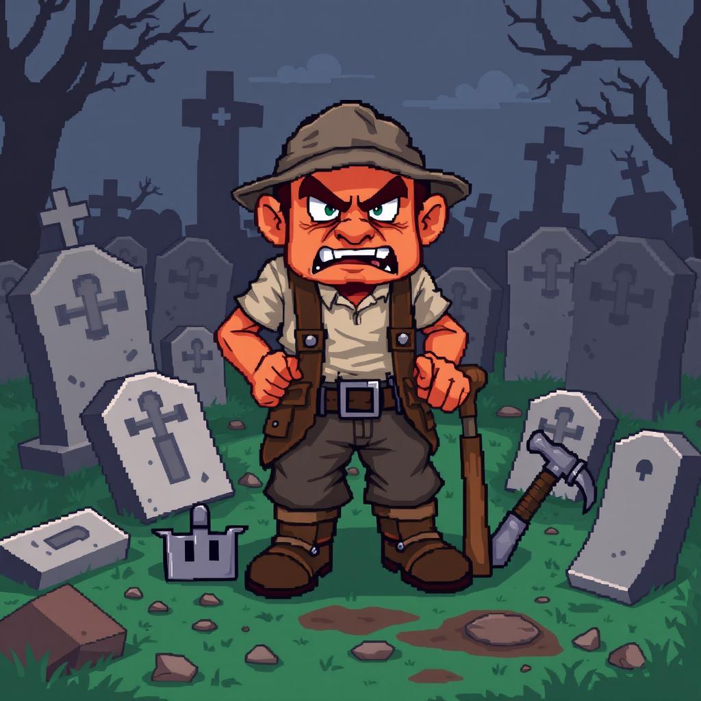 A pixel art depiction of an angry gravedigger standing amidst a cemetery