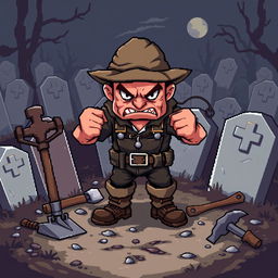 A pixel art depiction of an angry gravedigger standing amidst a cemetery