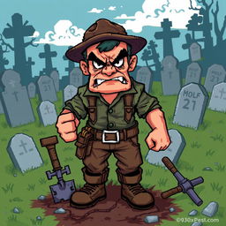 A pixel art depiction of an angry gravedigger standing amidst a cemetery