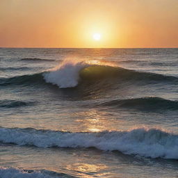 A majestic sea wave illuminated by the glimmers of the setting sun.