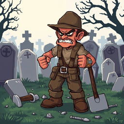 A pixel art depiction of an angry gravedigger standing amidst a cemetery