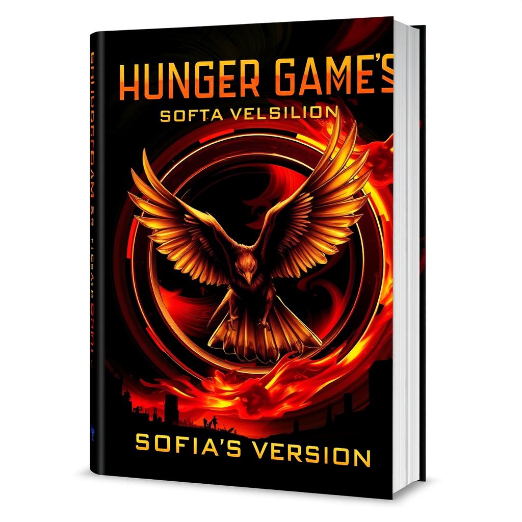 A visually striking book cover design for 'Hunger Game's-Sofia's Version', prominently featuring a beautifully illustrated mockingjay, a symbol of rebellion and hope