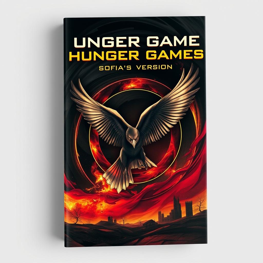 A visually striking book cover design for 'Hunger Game's-Sofia's Version', prominently featuring a beautifully illustrated mockingjay, a symbol of rebellion and hope