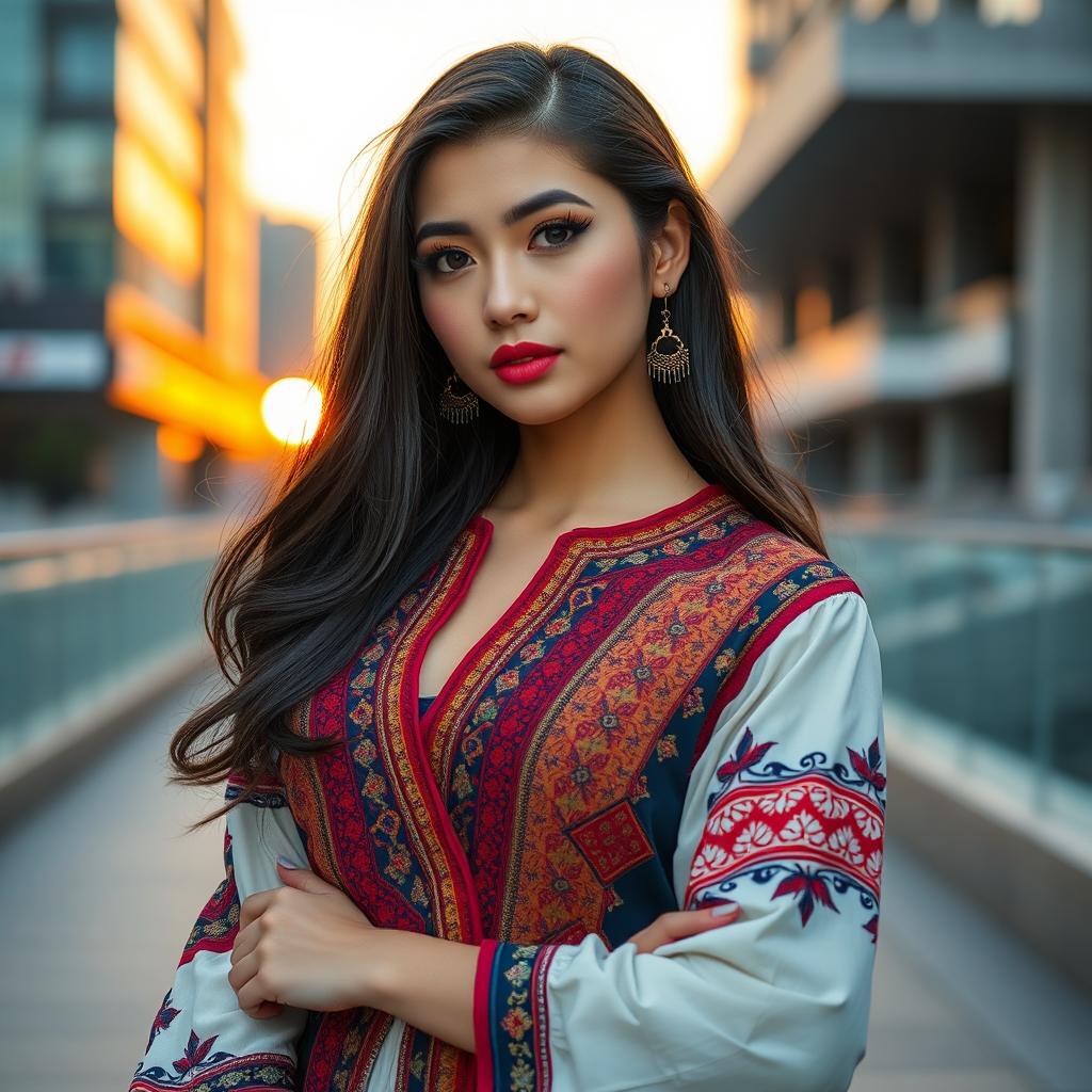 A beautiful Mongolian woman in a modern, stylish outfit that blends traditional Mongolian elements with contemporary fashion