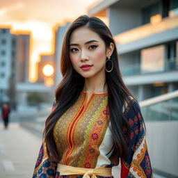 A beautiful Mongolian woman in a modern, stylish outfit that blends traditional Mongolian elements with contemporary fashion