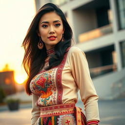 A beautiful Mongolian woman in a modern, stylish outfit that blends traditional Mongolian elements with contemporary fashion