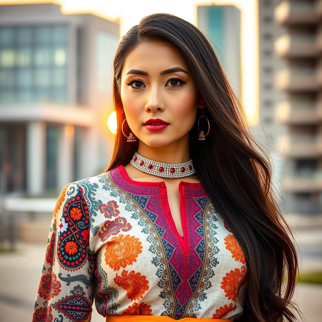 A beautiful Mongolian woman in a modern, stylish outfit that blends traditional Mongolian elements with contemporary fashion