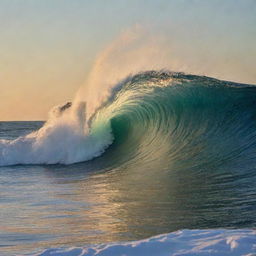 A majestic sea wave illuminated by the glimmers of the setting sun.