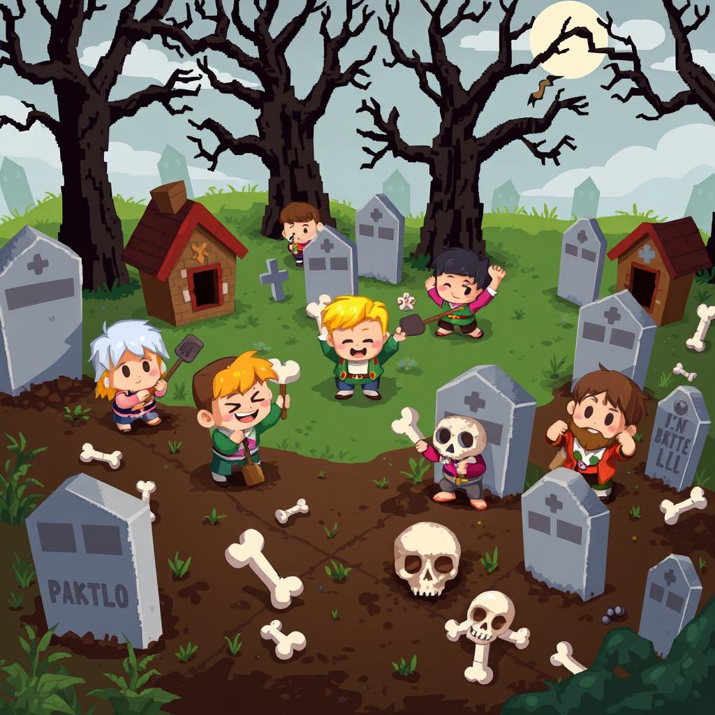 A lively pixel art scene depicting villagers in a cemetery, enthusiastically holding bones and searching for skulls among the tombstones and haunting trees