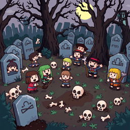 A lively pixel art scene depicting villagers in a cemetery, enthusiastically holding bones and searching for skulls among the tombstones and haunting trees