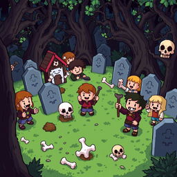 A lively pixel art scene depicting villagers in a cemetery, enthusiastically holding bones and searching for skulls among the tombstones and haunting trees