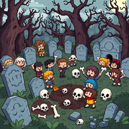 A lively pixel art scene depicting villagers in a cemetery, enthusiastically holding bones and searching for skulls among the tombstones and haunting trees