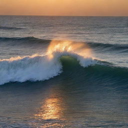 A majestic sea wave illuminated by the glimmers of the setting sun.