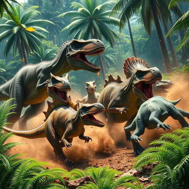 An intense and dramatic scene showcasing a fierce battle between carnivorous and herbivorous dinosaurs in a prehistoric jungle setting