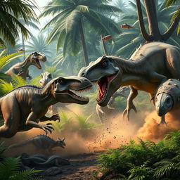 An intense and dramatic scene showcasing a fierce battle between carnivorous and herbivorous dinosaurs in a prehistoric jungle setting