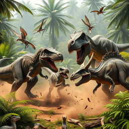 An intense and dramatic scene showcasing a fierce battle between carnivorous and herbivorous dinosaurs in a prehistoric jungle setting