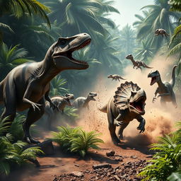 An intense and dramatic scene showcasing a fierce battle between carnivorous and herbivorous dinosaurs in a prehistoric jungle setting